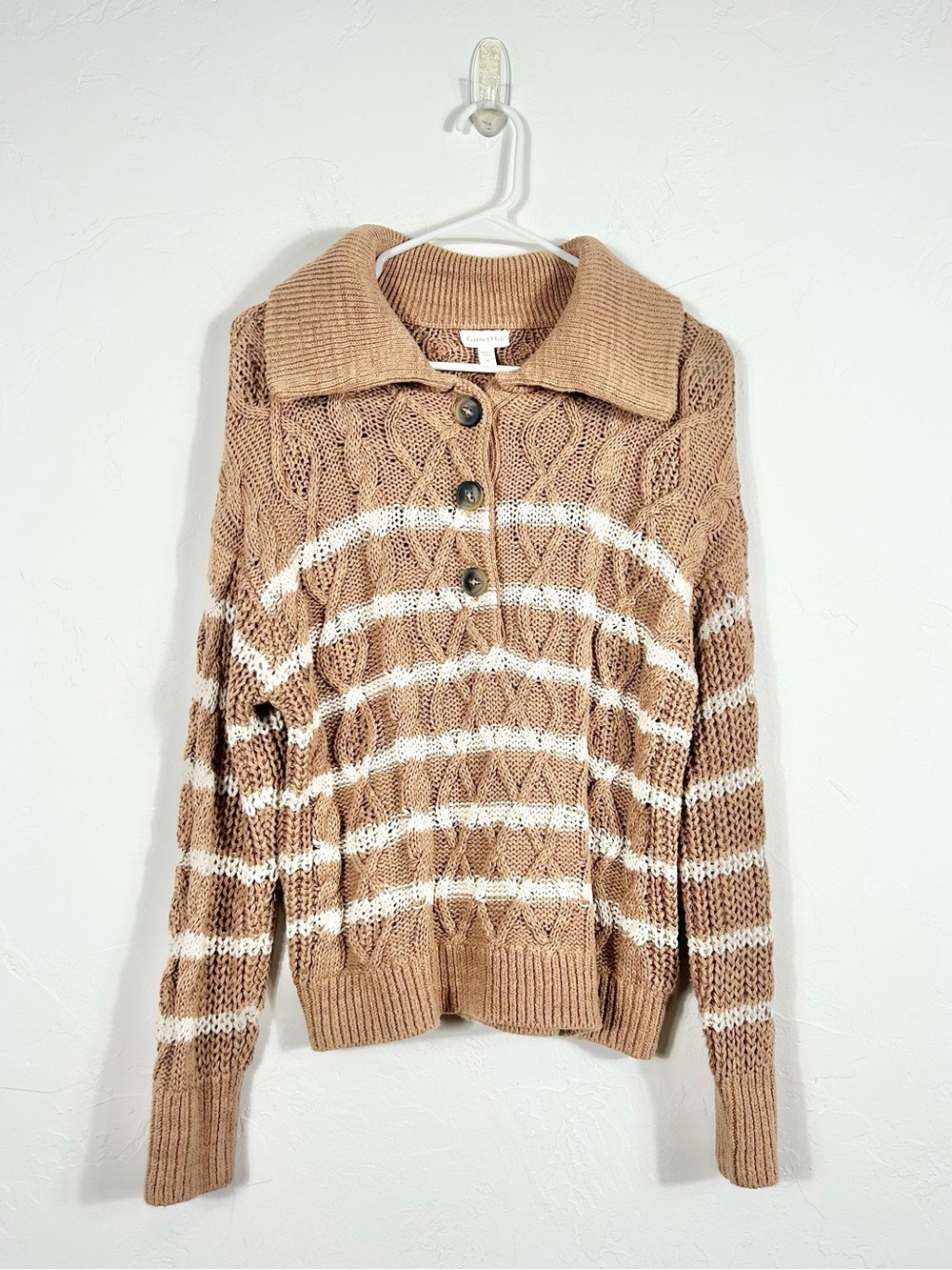 Garnet Hill Linen Blend Cable Knit Striped Collared Henley Sweater Size Medium - Picture 2 of 7